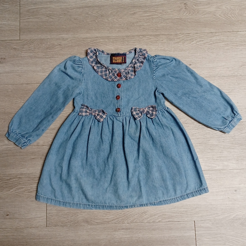 Vintage Denim Dress Red White Blue Plaid Buttons Bows and Ruffle Trim